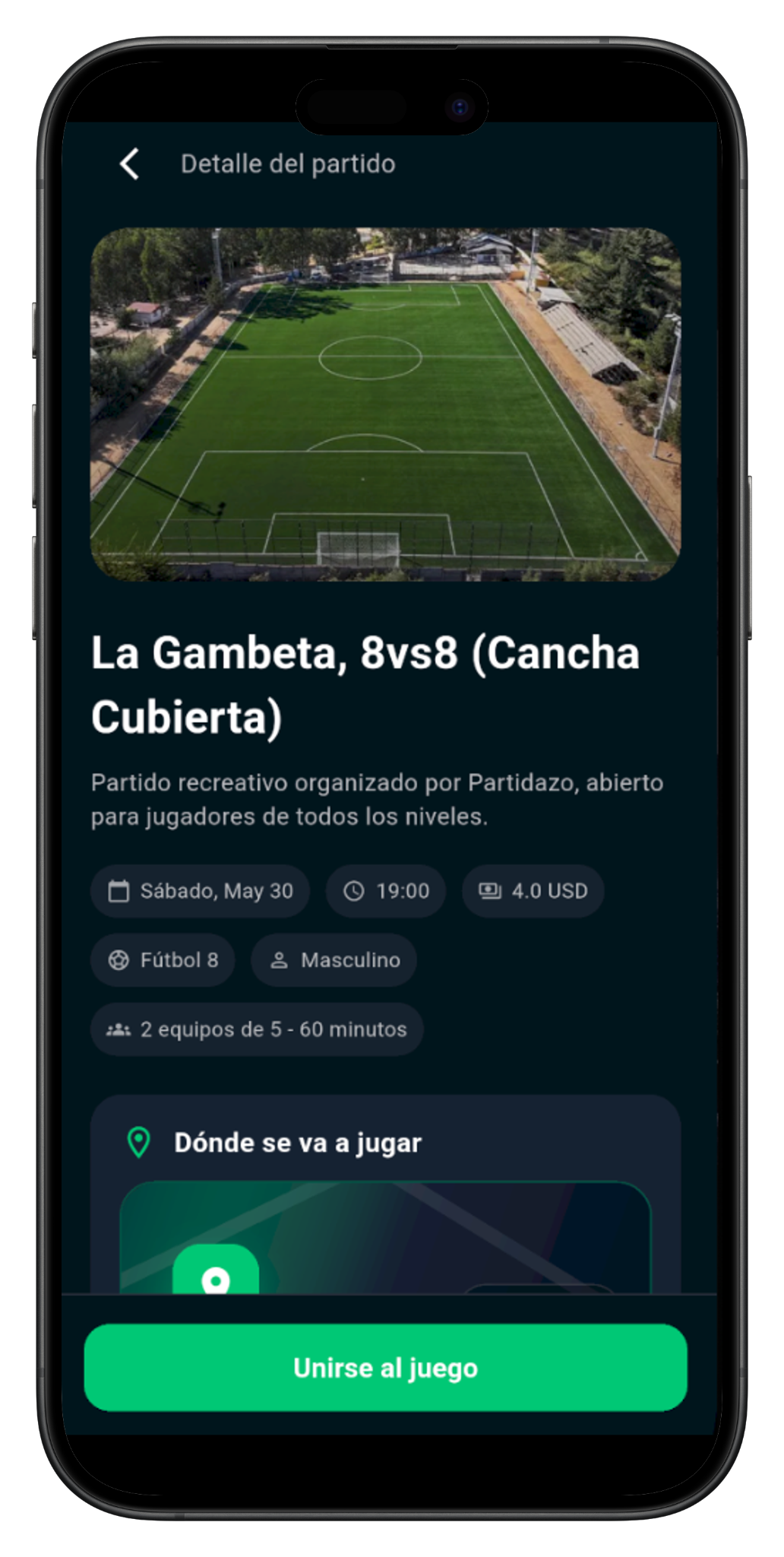 Detalle completo de un partido en la app de Partidazo