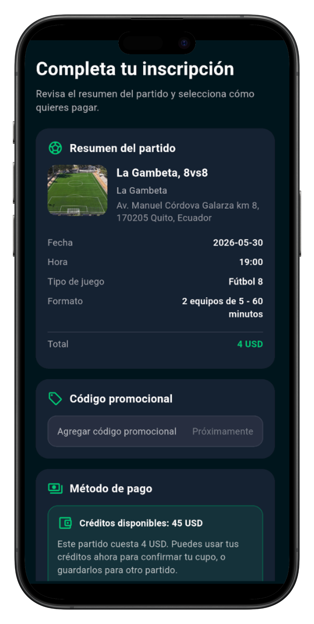 Pantalla de inscripción y método de pago en Partidazo