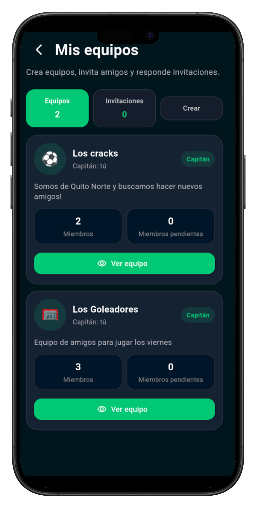 Pantalla de equipos en la app de Partidazo